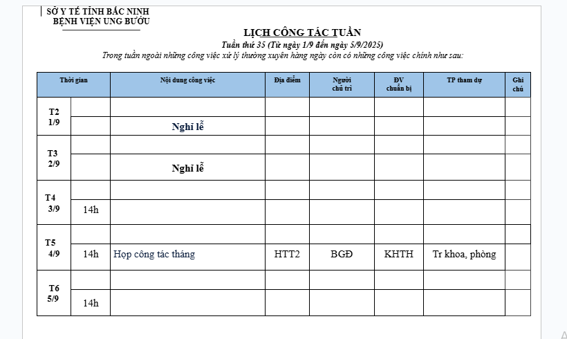 LỊCH CÔNG TÁC TUẦN 35 (1/9-5/9/2025)
