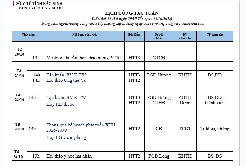 LỊCH CÔNG TÁC TUẦN 42 (20/10-24/10/2025)