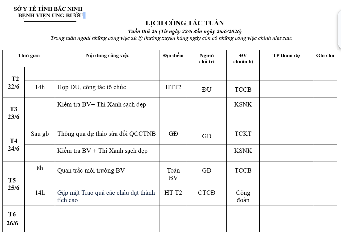 Tuần thứ 26 (Từ ngày 22/6 đến ngày 26/6/2026)