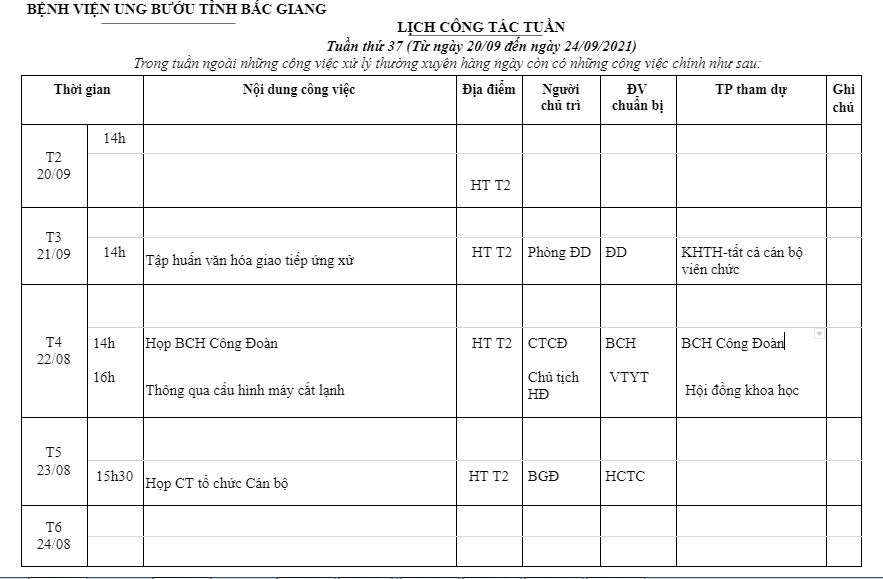 Lịch công tác tuần 37 (Từ ngày 20/09 đến ngày 24/09/2021)