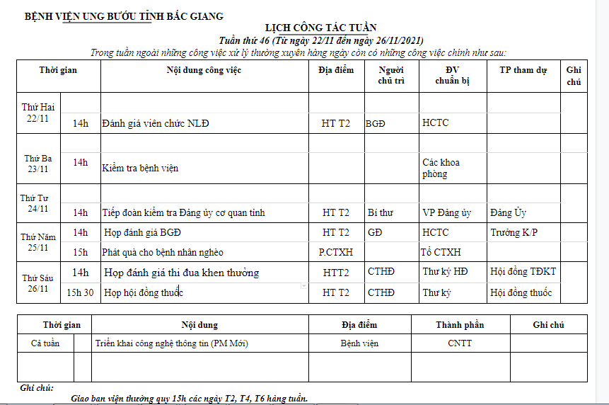 Lịch công tác tuần 46
