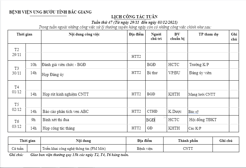 Lịch công tác tuần 47