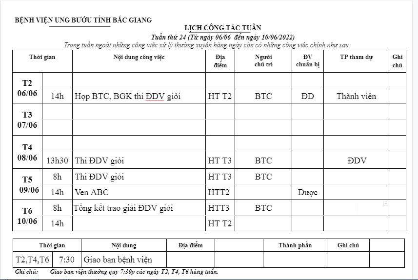Lịch công tác tuần 24 (06/06-10/06/2022)