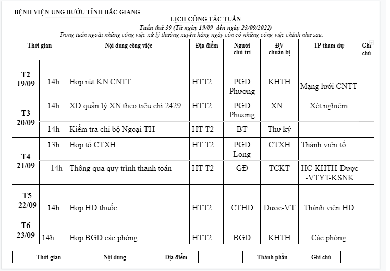 Lịch công tác tuần 39 (19/9-23/9)