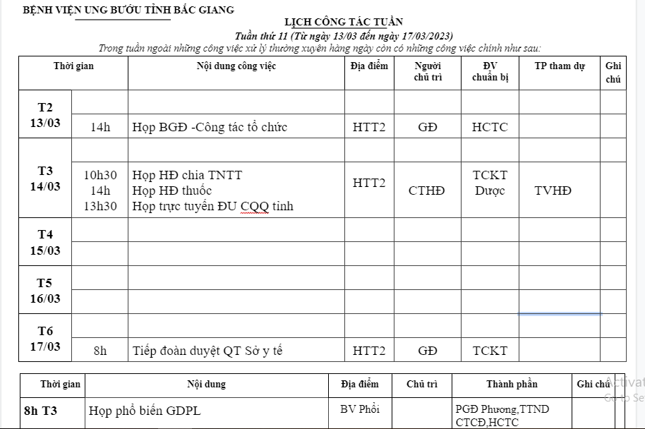 Lịch công tác tuần 11(13/03-17/03/2023)