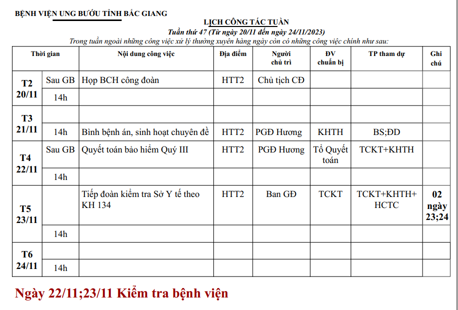 Lịch công tác tuần thứ 47 (Từ ngày 20/11 đến ngày 24/11/2023)