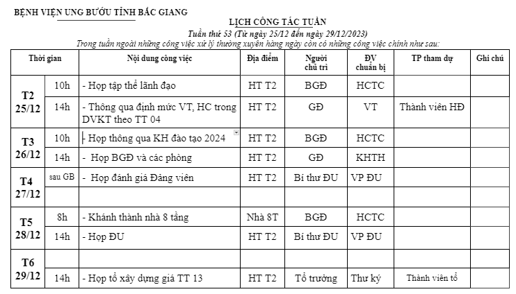 Tuần thứ 52 (Từ ngày 25/12 đến ngày 29/12/2023)