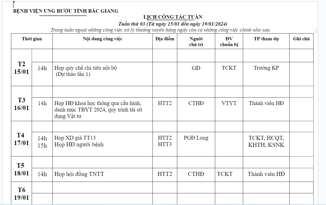 Lịch công tác tuần thứ 03 (Từ ngày 15/01 đến ngày 19/01/2024)