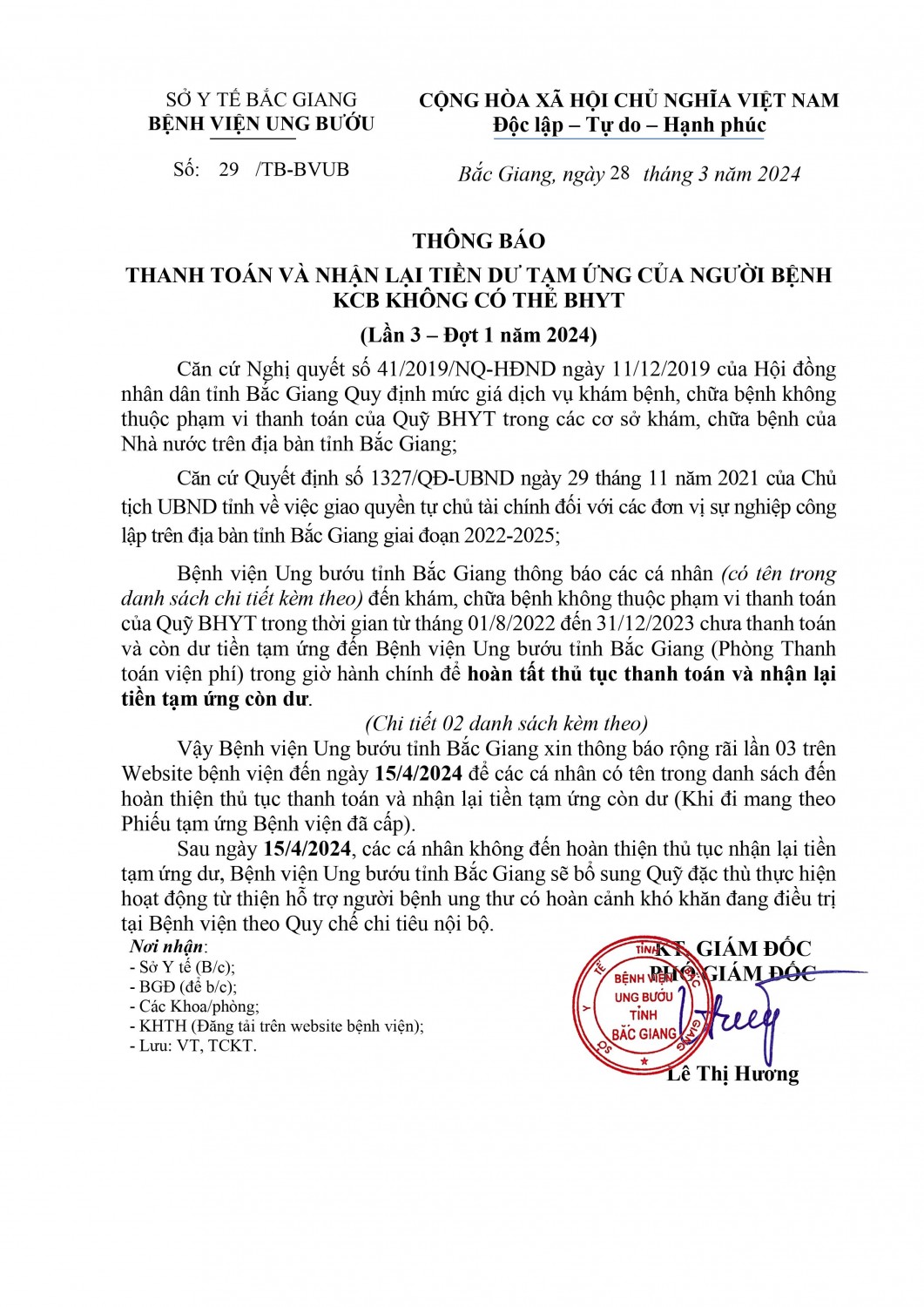2024 Thông báo BN chưa nhận tiền hoàn ứng lần 3 2024 signed signed signed signed