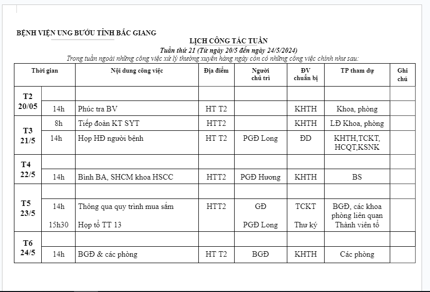 Lịch công tác tuần 21 ( 20/05-25/05/2024)