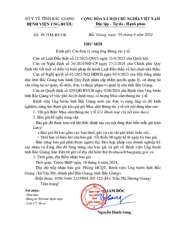 Thư mời báo giá cung cấp cung ứng thùng rác y tế