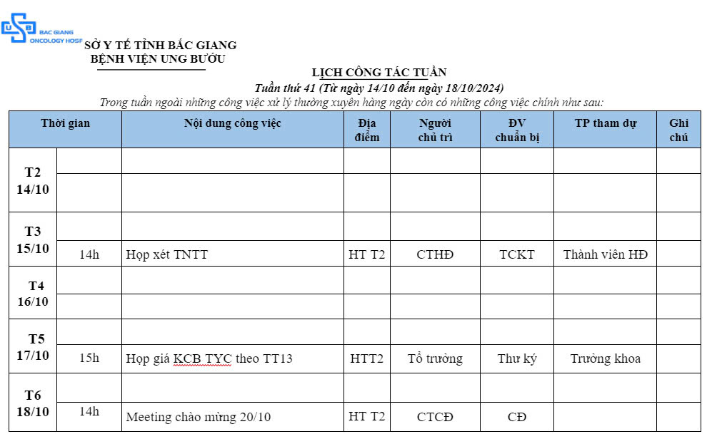 Lịch công tác Tuần thứ 41 (Từ ngày 14/10 đến ngày 18/10/2024)