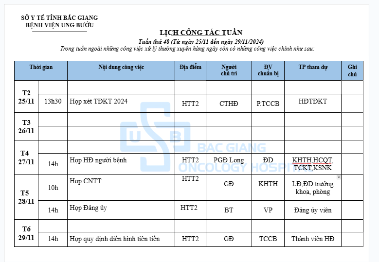 Lịch công tác tuần 48 ( 25/11-29/11/2024 )