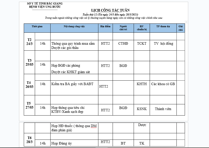 Lịch công tác T12 (24/03-28/03/2025)