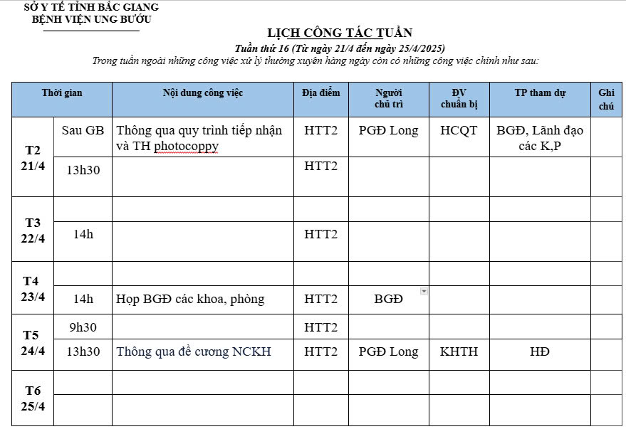 Lịch công tác Tuần thứ 16 (Từ ngày 21/4 đến ngày 25/4/2025)
