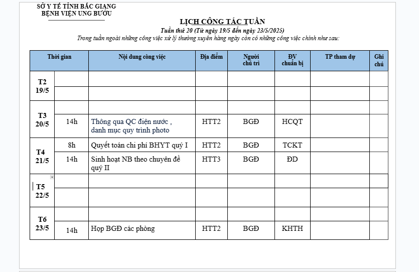 Lịch công tác tuần 20 (19/05-23/05/2025)