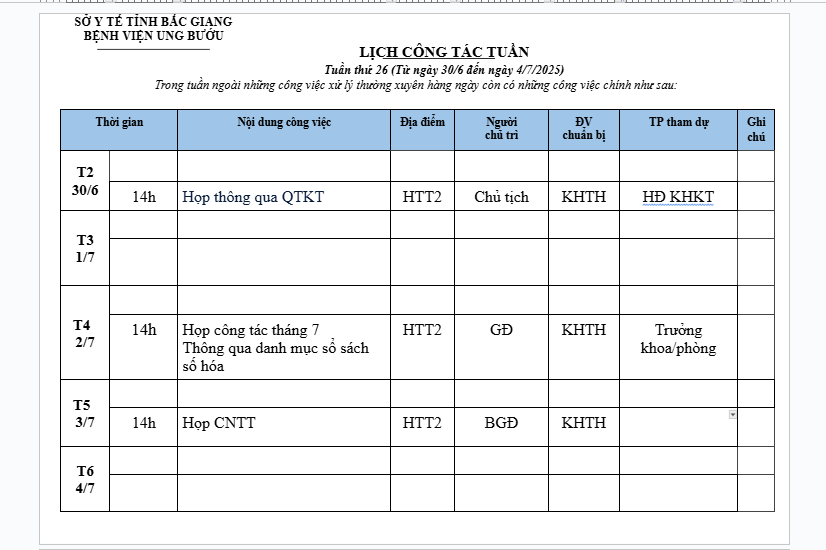 LỊCH CÔNG TÁC TUẦN 26 (30/6-4/7/2025)