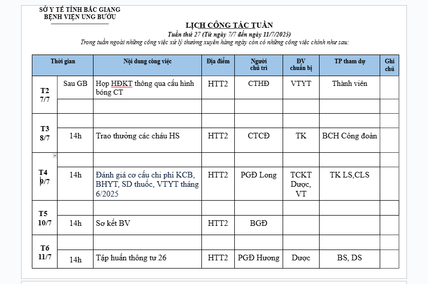 LỊCH CÔNG TÁC TUẦN 27 (7/7-11/7)