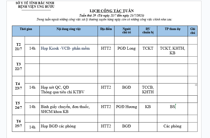 LỊCH CÔNG TÁC TUẦN 29 (21/7-25/7)