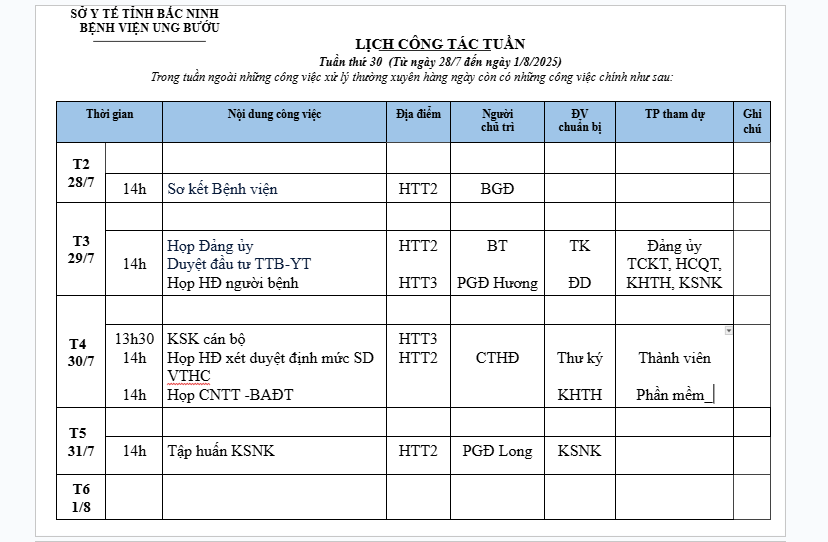 LỊCH CÔNG TÁC TUẦN 30 (28/7-1/8/2025)