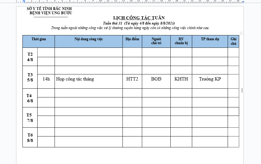 LỊCH CÔNG TÁC TUẦN 31 (4/8-8/8/2025)
