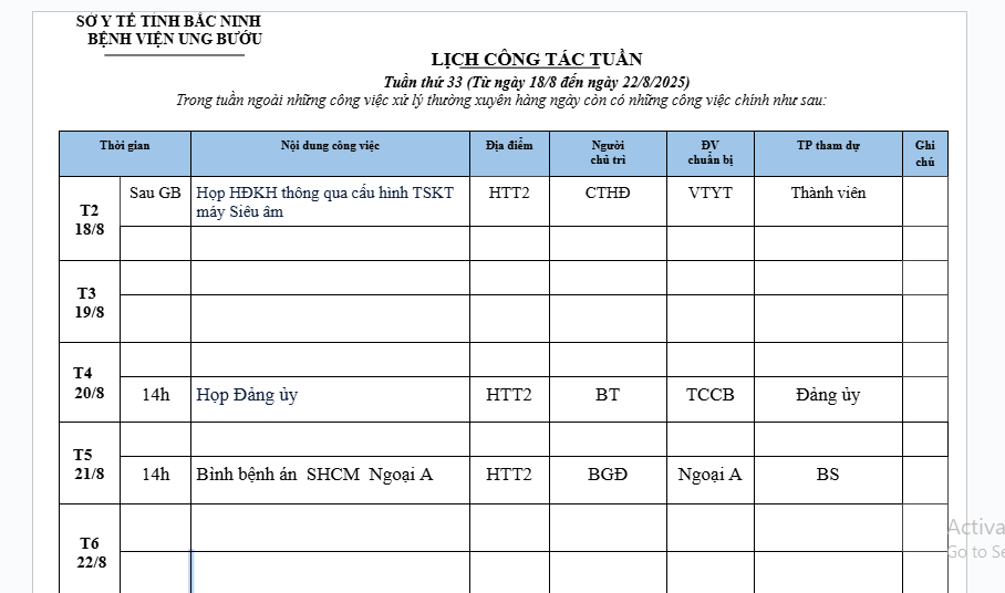 LỊCH CÔNG TÁC TUẦN 33 (18/8-22/8/2025)