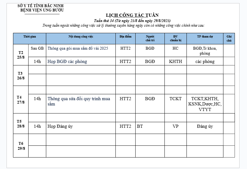 LỊCH CÔNG TÁC TUẦN 34 (25/8-29/8/2025)
