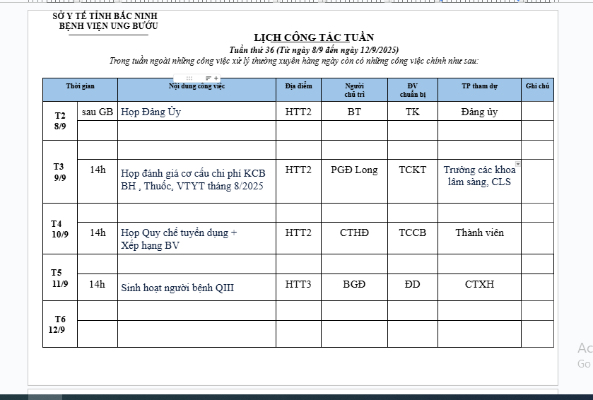 LỊCH CÔNG TÁC TUẦN 36 (8/9-12/9/2025)