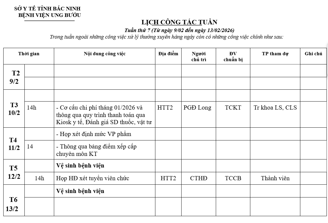 LỊCH CÔNG TÁC TUẦN 7 (9/02 - 13/02/2026)