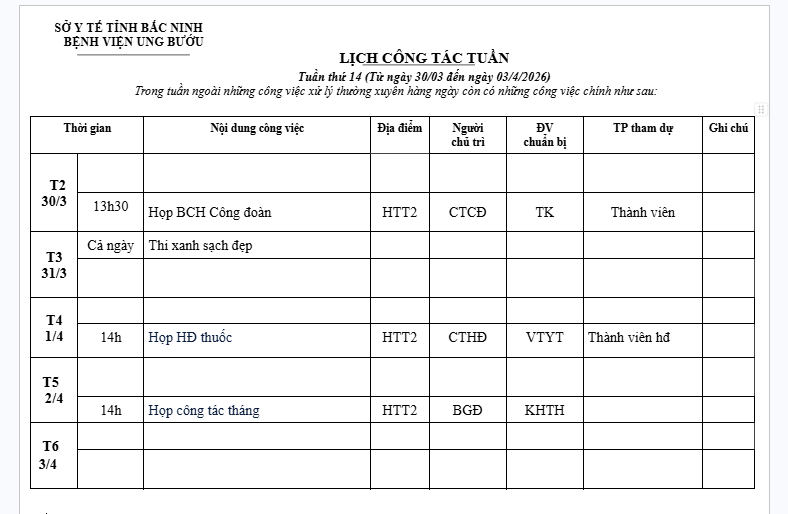 Lịch công tác tuần 14 (30/3-03/4/2026)