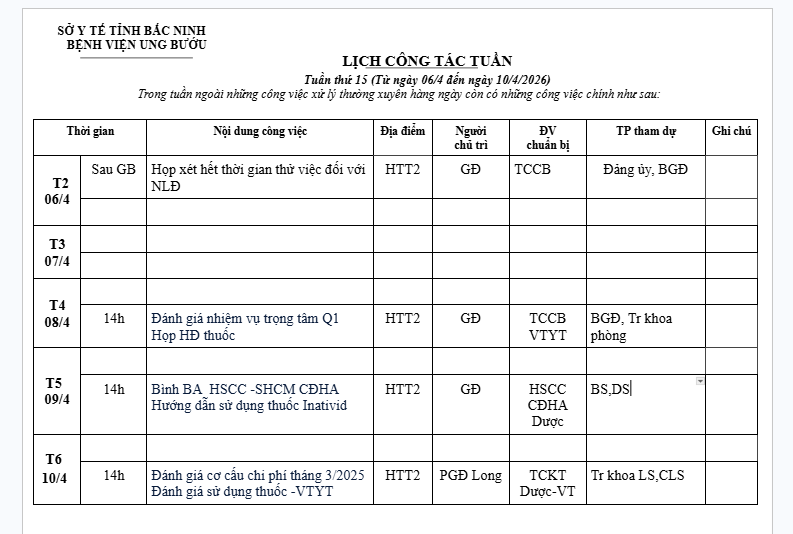 Lịch công tác tuần 15 (06/4-10/4)
