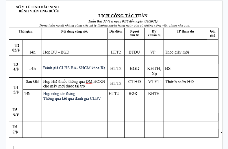 Lịch công tác tuần 32 (03/8-7/8/2026)