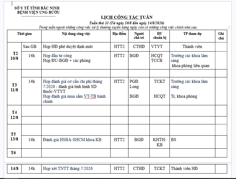 Lịch công tác tuần 33 (10/8-14/8/2026)