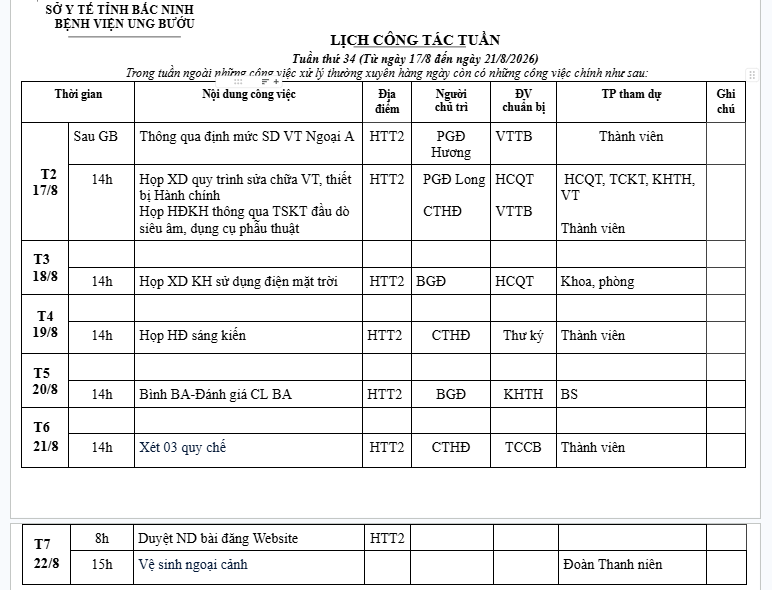Lịch công tác tuần 34 (17/8-22/8/2026)
