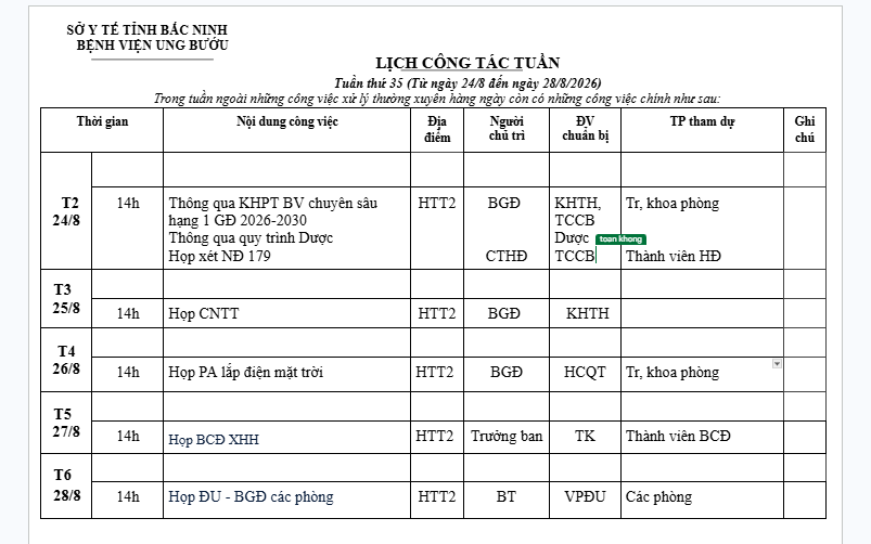 Lịch công tác tuần 35 (24/8-28/8/2026)